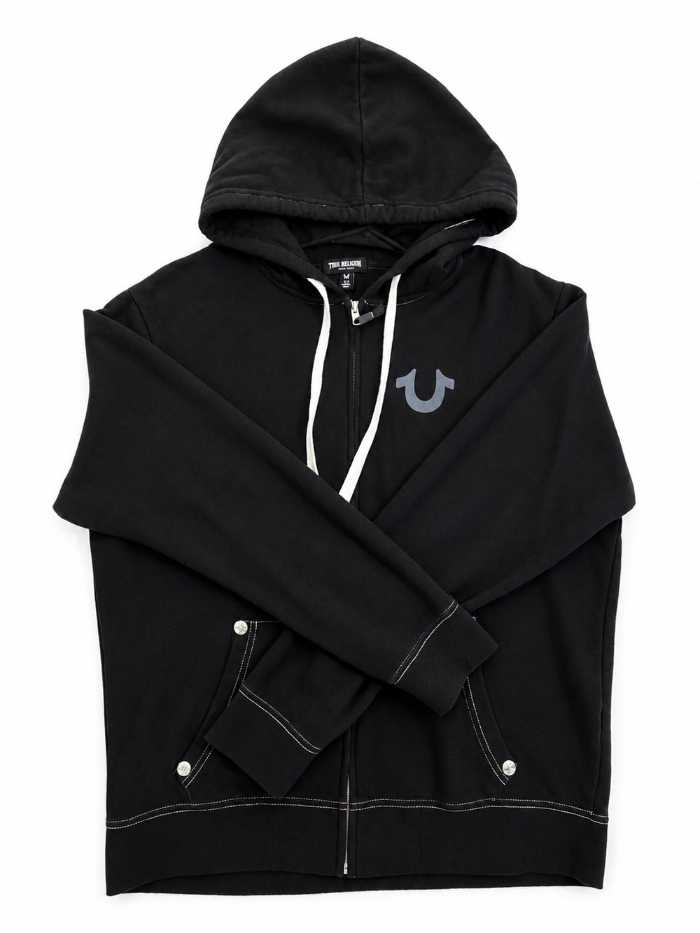 True Religion Black Zip-Up Hoodie with White Drawstrings